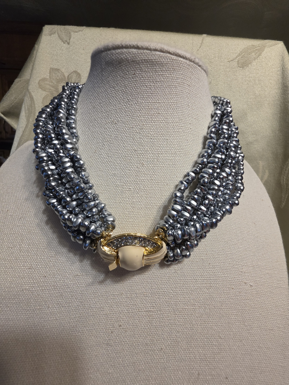 #1325 Elegant Multi-Strand Silver Pearl Necklace with Gold Accent